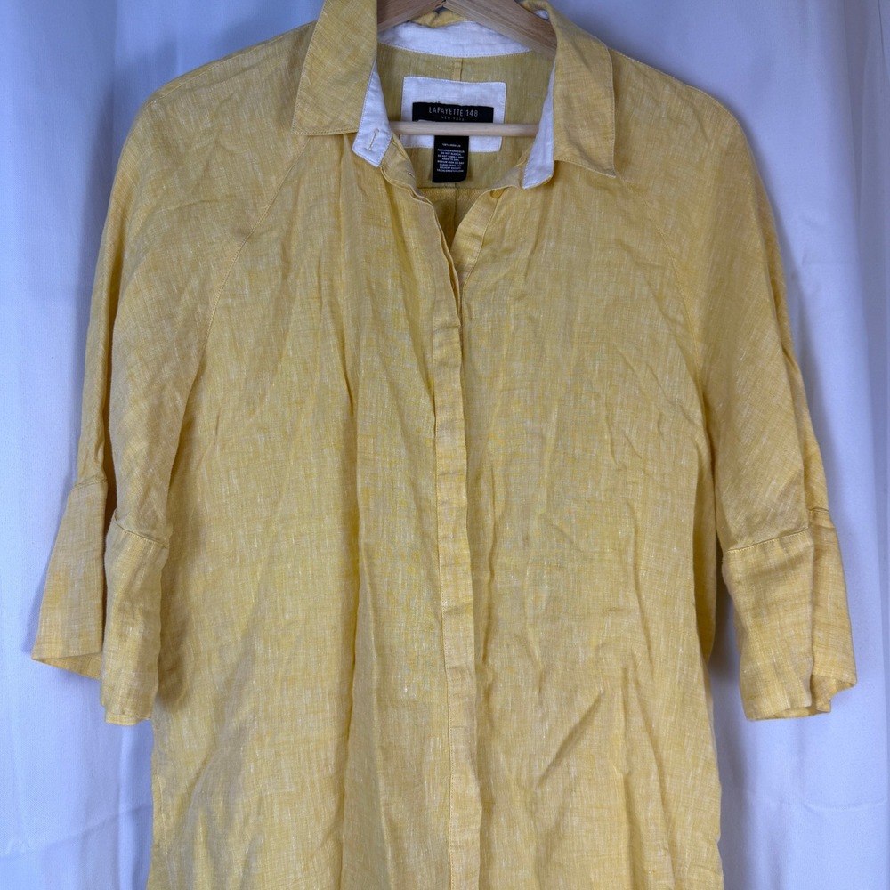 Lafayette 148 New York Womens Yellow 100% Linen 3/4 Sleeve Button Up Shirt L